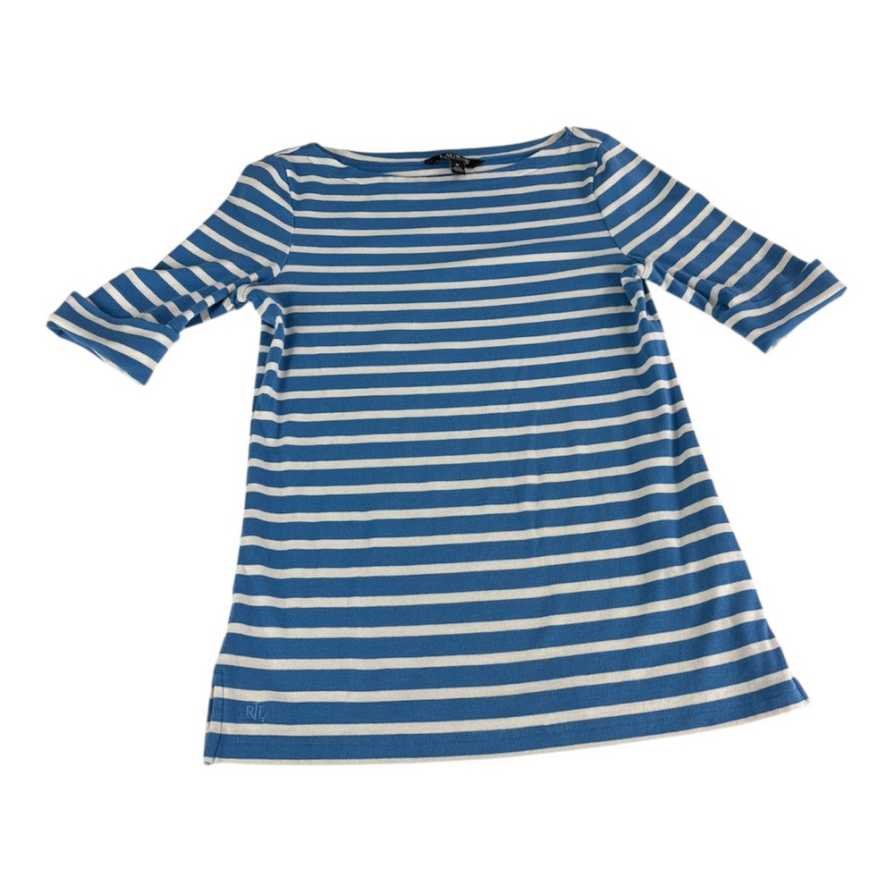 Lauren Ralph Lauren blue and white Striped Stretch Cotton Boatneck Top M - Picture 8 of 15